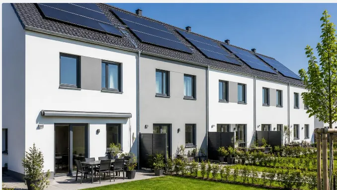 Modernes bewohntes Reihenhausquartier mit weißer Fassade und Photovoltaik nach der RENOFLEX®-Sanierung