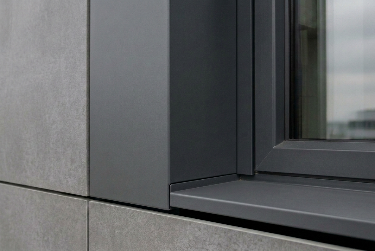 Ausgeführte Anschlüsse einer vorgehängten hinterlüfteten Fassade an Fenster und Attika