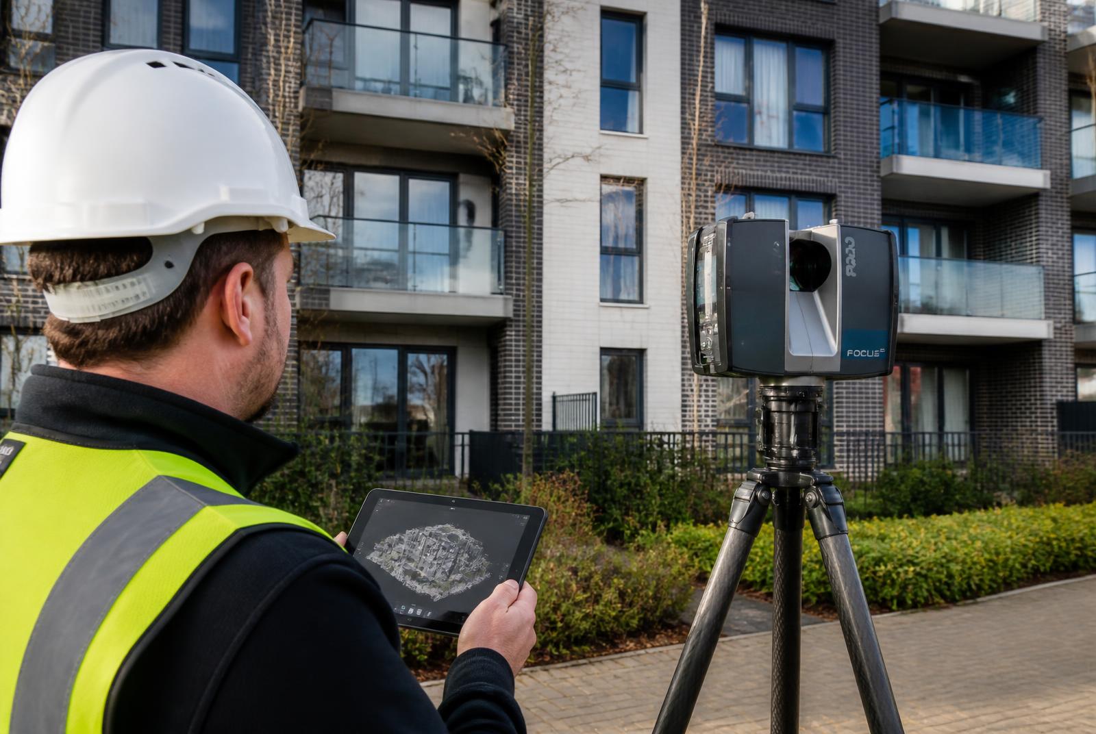 3D-Laserscanner erfasst die Bestandsfassade, Punktwolke auf dem Tablet