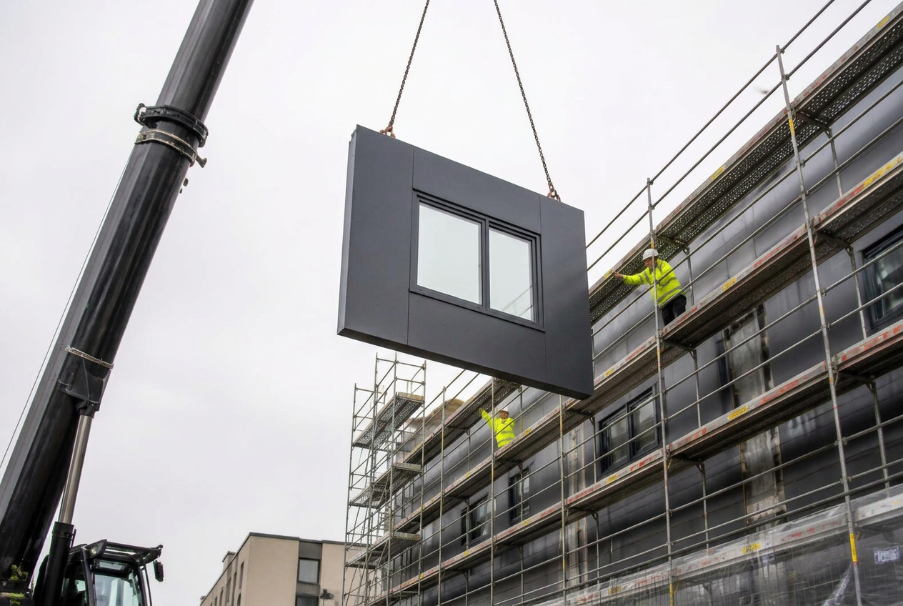 Fassadenelement im Transportgestell auf dem LKW
